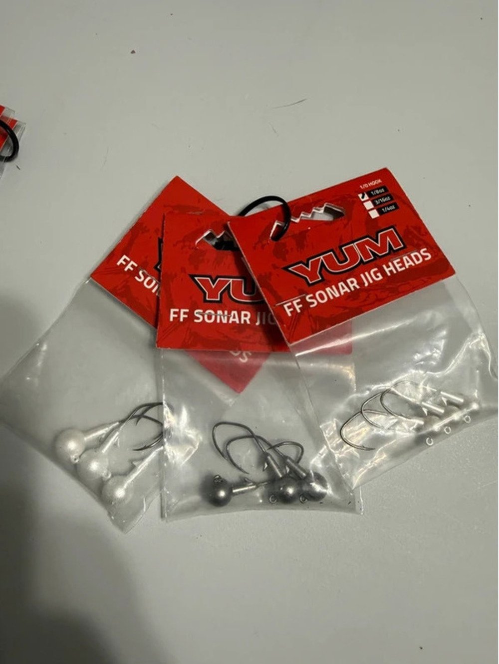 YUM FF Sonar Jig Heads 3 Pack - 1/4 oz Pearl, 1/8 oz Pearl, 3/16 oz Smoke - New